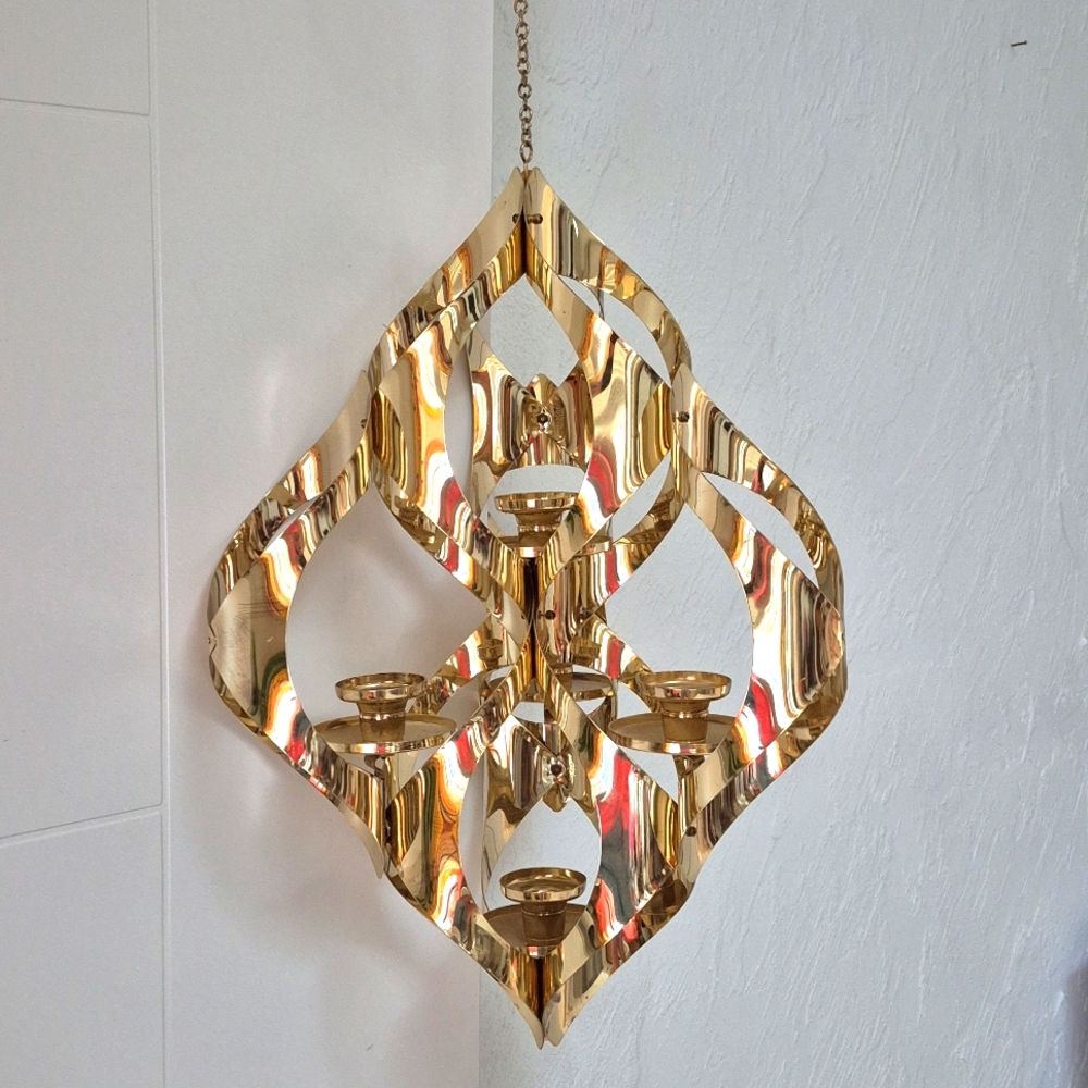 Large Vintage Mid Century Gold Brass Candle Holder Chandelier Mascot Regency